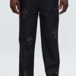 NovaMEN Black Studded Cross Straight-Leg Trousers