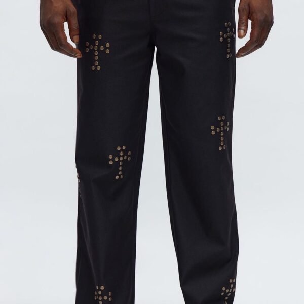 NovaMEN Black Studded Cross Straight-Leg Trousers