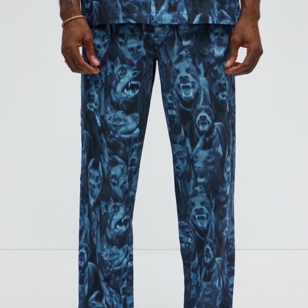 NovaMEN Blue Graphic Face-Print Straight-Leg Trousers