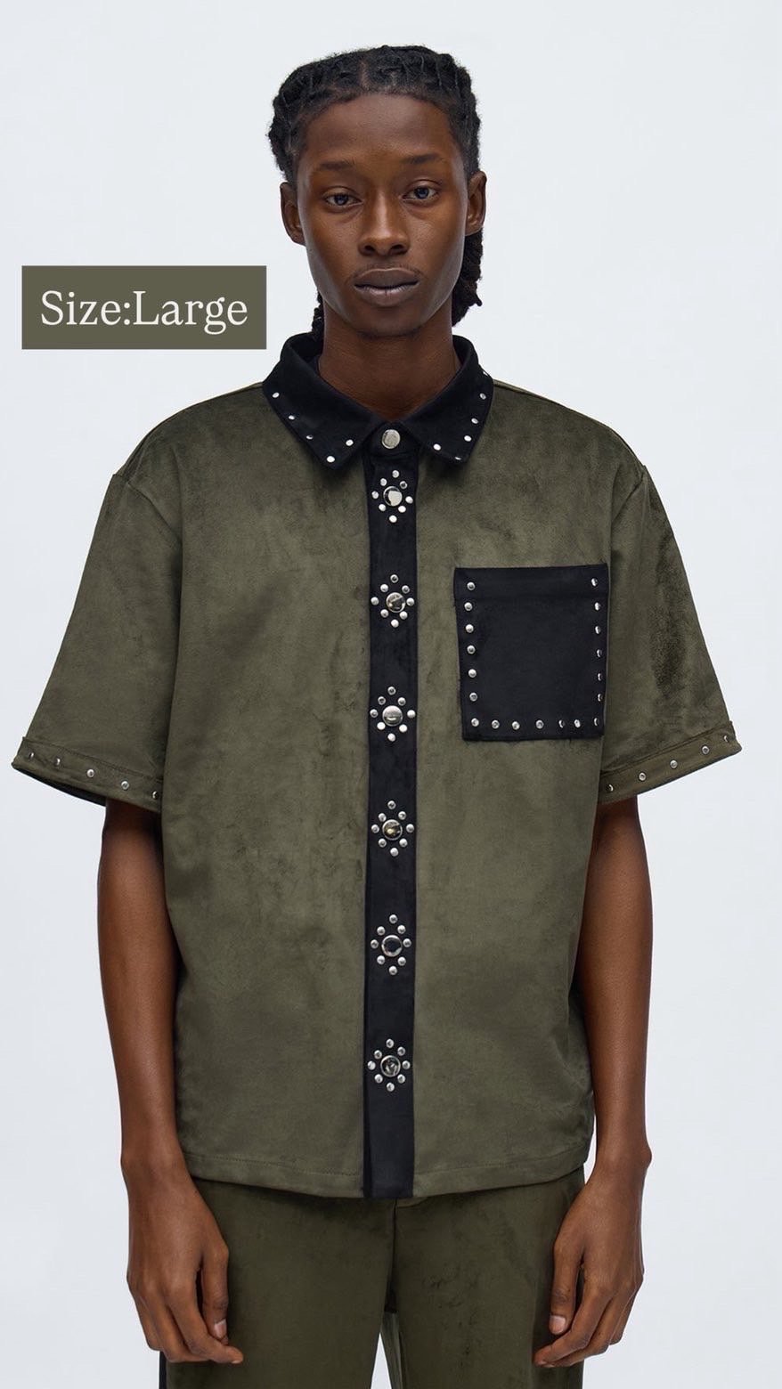 IMG_3745 NovaMEN Olive Studded Faux-Suede Shirt - Image 1