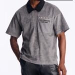 NovaMEN Grey Studded Faux-Suede Zip Polo Shirt