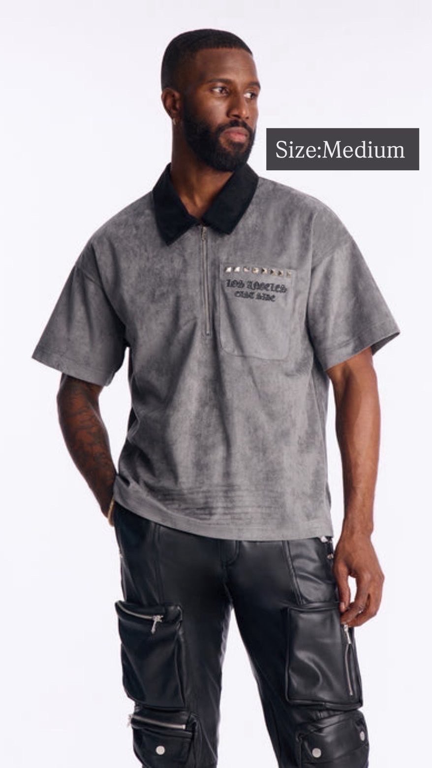 IMG_3753 NovaMEN Grey Studded Faux-Suede Zip Polo Shirt - Image 1
