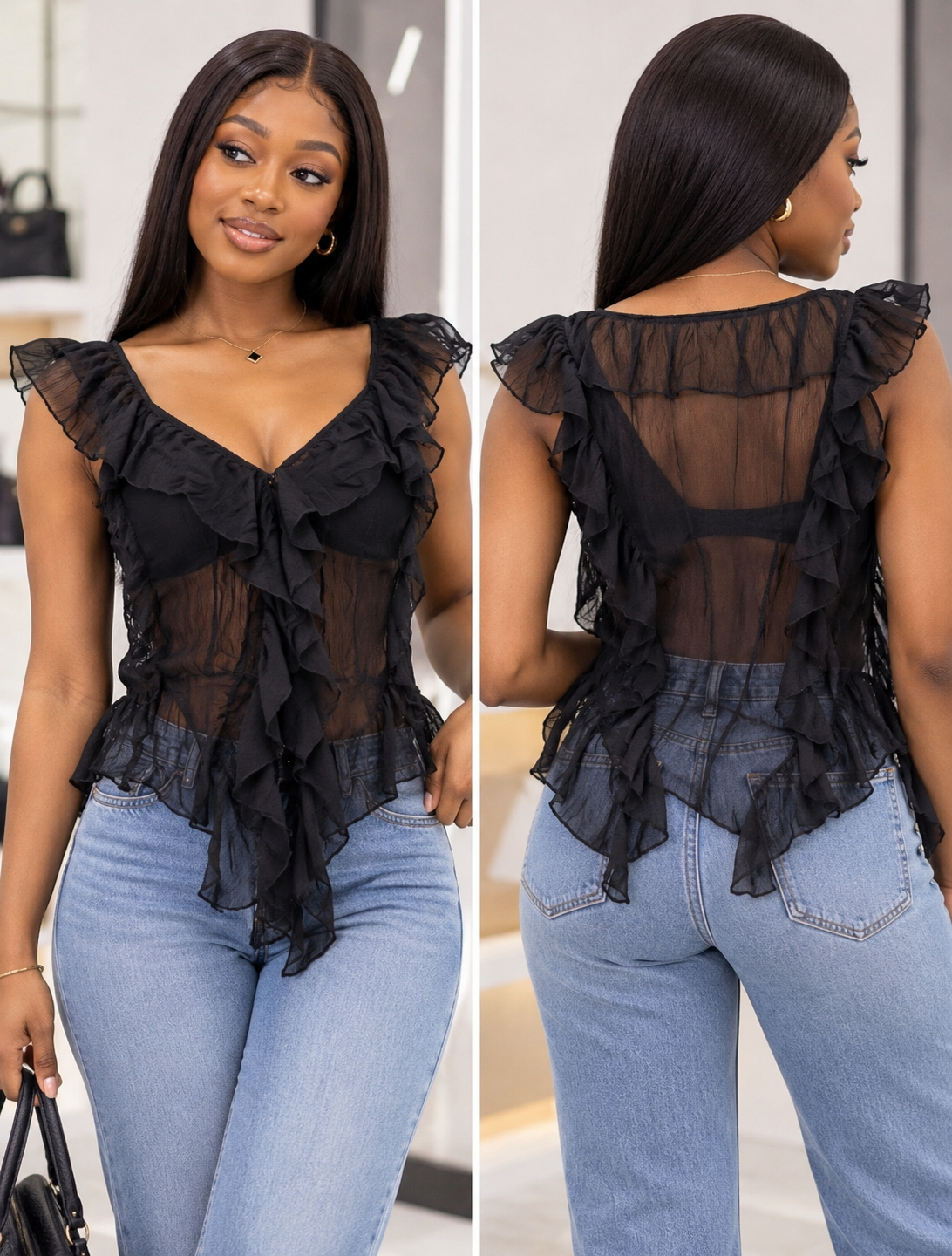 562783B3-9FA2-48C0-A671-10B09ACAB439 Sheer Chiffon Ruffle Top - Image 1