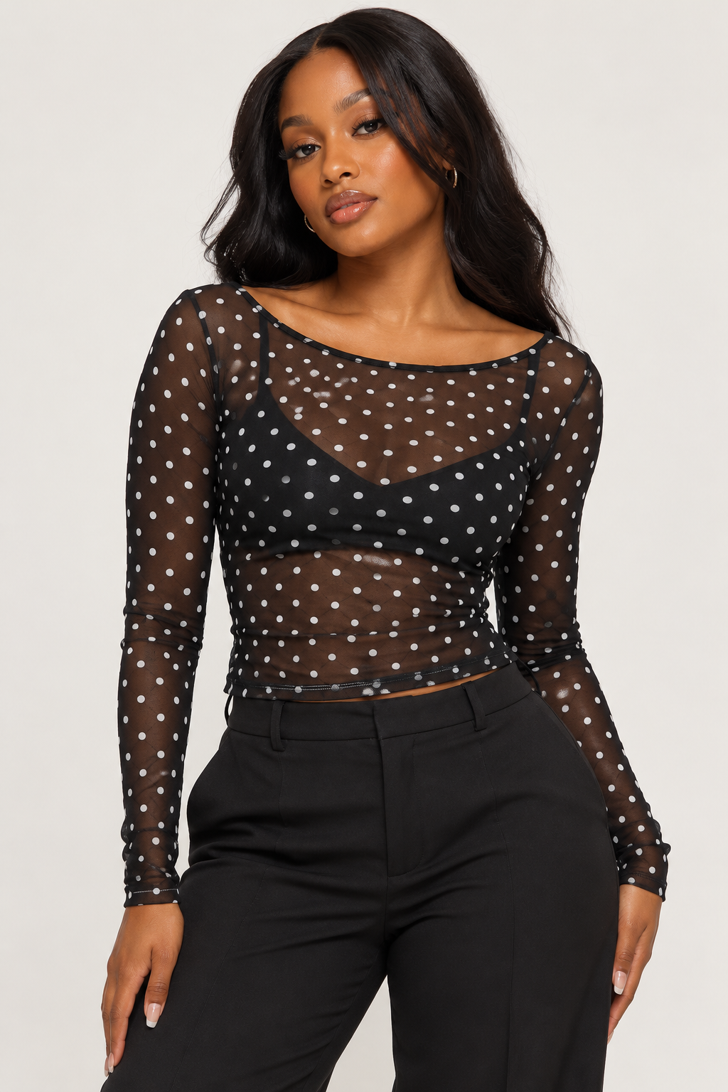 66071FD1-86FA-4196-A17D-683899CDA259 Black polka dot mesh top - Image 1