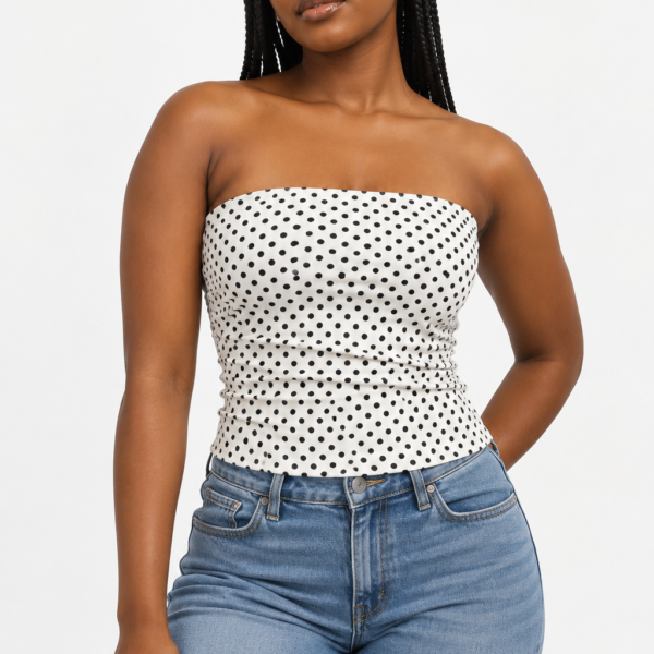 White-and-black polka dot tube top