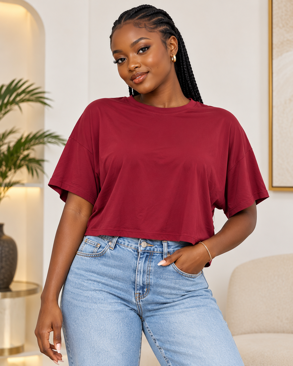 AC4B55A8-D688-40F4-B0ED-2001EC8C32F6 Burgundy Boxy Crop Top - Image 1