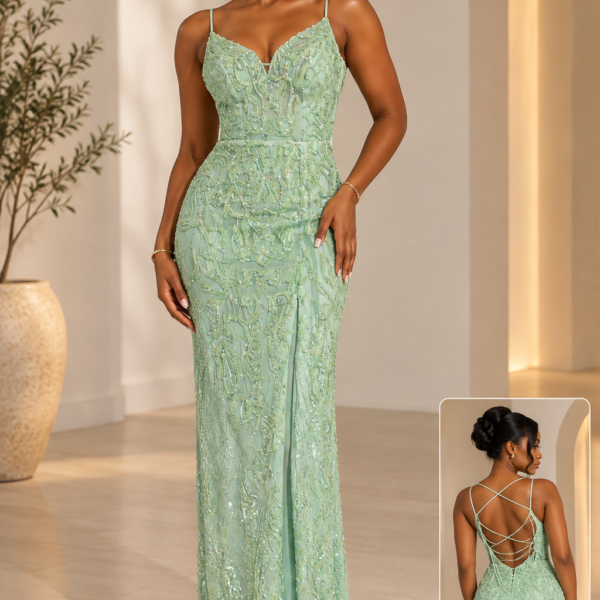 Sage Mint Green Sequinned Evening Gown