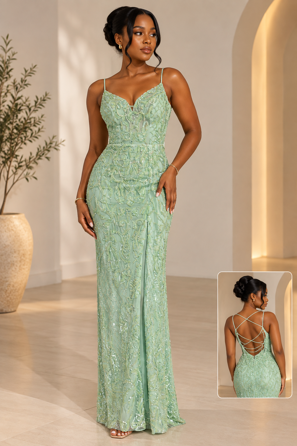 CDC38B92-1F18-4B2C-8671-7A03172D86DC Sage Mint Green Sequinned Evening Gown - Image 1
